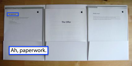Apple intern offer packet with the opening line “Ah, paperwork.”