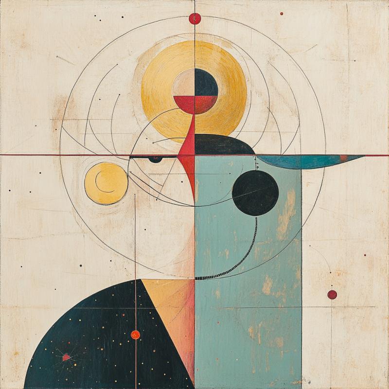 Abstract geometric artwork with circles, lines, and blocks of yellow, red, blue, and black