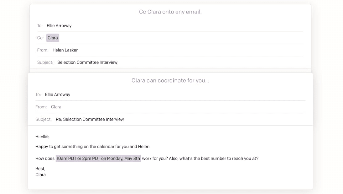 Clara scheduling a meeting by email