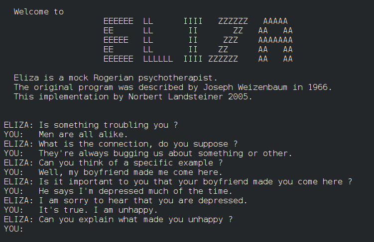 Example conversation with ELIZA, a simulated Rogerian psychotherapist